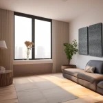 Nowoczesny salon z zamontowanymi za telewizorem pochłaniającymi poliestrowymi panelami akustycznymi PET 50x100cm o grubości 5cm.