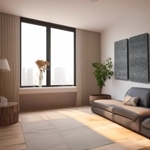 Nowoczesny salon z zamontowanymi za telewizorem pochłaniającymi poliestrowymi panelami akustycznymi PET 50x100cm o grubości 5cm.