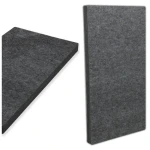 Dwa czarne poliestrowe panele akustyczne PET 50x100cm (pochłaniające, grubość 5cm) ustawione pionowo jeden za drugim.