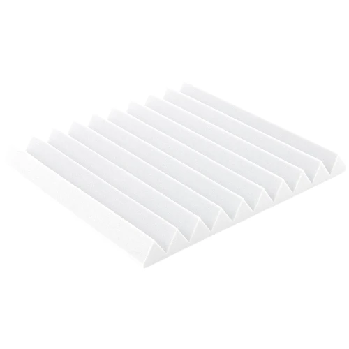 Prostokątny biały panel wygłuszający Basotect o wymiarach 25x50 cm z profilem klinowym.