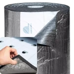 Zbliżenie na grubą, 19-milimetrową piankę kauczukową z warstwą aluminium, gotową do przyklejenia.
