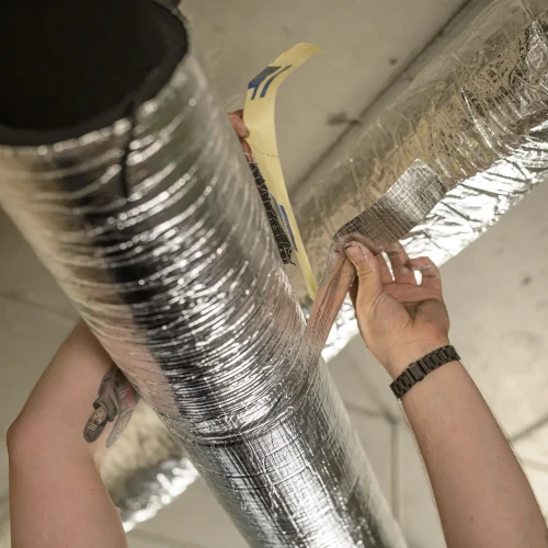 Zakrywanie łączenia pianek kauczukowych z aluminium taśmą aluminiową zbrojoną