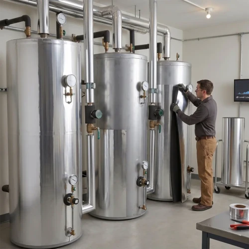 Pracownicy aplikujący izolację termiczną z maty na wysokie cylindryczne zbiorniki instalacyjne.