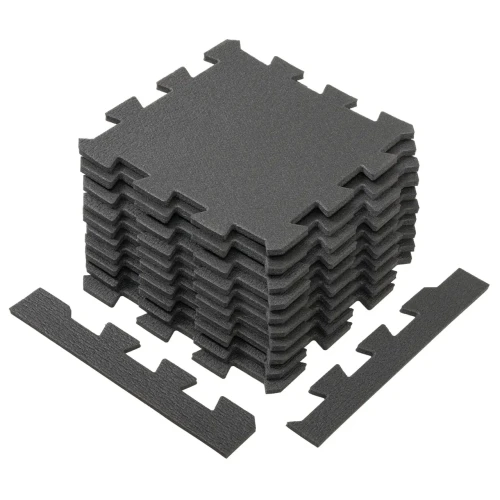Zestaw szarych mat puzzle o łącznej powierzchni 2m2 zaprezentowany pod kątem w rzucie izometrycznym.