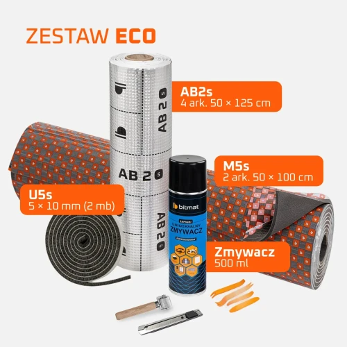 otowy zestaw wygłuszający w wariancie ECO. W pakiecie znajdują się: mata butylowa, pianka akustyczna, zmywacz, wałek dociskowy, ściągacze do tapicerki oraz taśma.