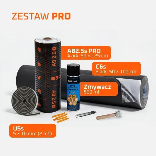 Profesjonalny zestaw wygłuszający do drzwi w wariancie PRO. Pakiet obejmuje matę butylową z najwyższej serii, grubą piankę akustyczną, odtłuszczacz, wałek i komplet narzędzi montażowych.