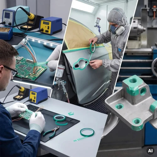 Aplikacja zielonej taśmy maskującej na krawędź płytki drukowanej PCB podczas prac lutowniczych.