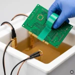 Płytka PCB zanurzona w myjce ultradźwiękowej, zabezpieczona odporną termicznie zieloną taśmą 30 mm.