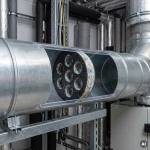 System wentylacyjny z instalacją przemysłową i widocznym w przekroju rury tłumikiem piankowym fi 125 mm.