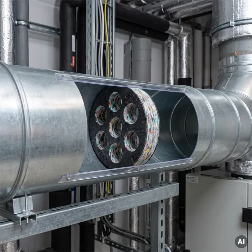 System wentylacyjny z instalacją przemysłową i widocznym w przekroju rury tłumikiem piankowym fi 125 mm.