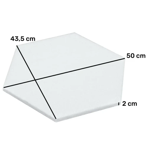 Rysunek techniczny ze schematem wymiarów i grubością 2 cm dla białego panelu akustycznego heksagon.