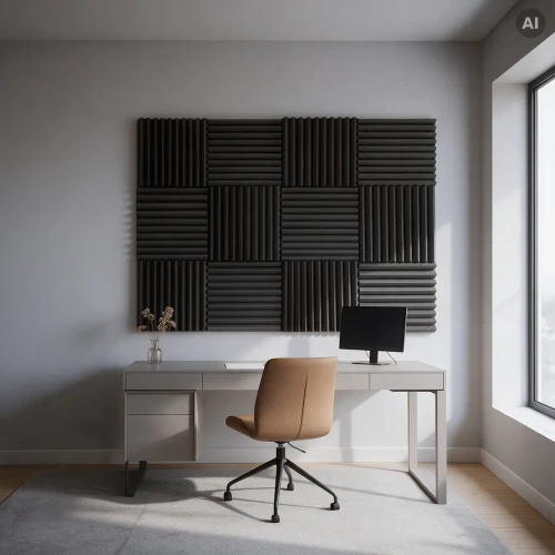 Szare panele akustyczne Klin 50x50 cm ułożone w szachownicę żłobień na ścianie nad biurkiem w domowym gabinecie