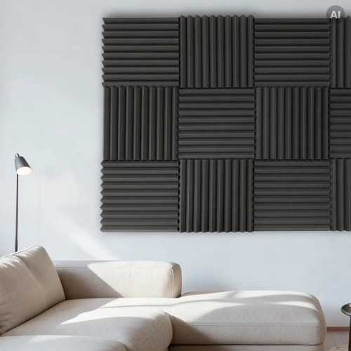 Szara pianka akustyczna Klin 50x50 cm na ścianie za sofą w salonie – panele obrócone naprzemiennie o 90°