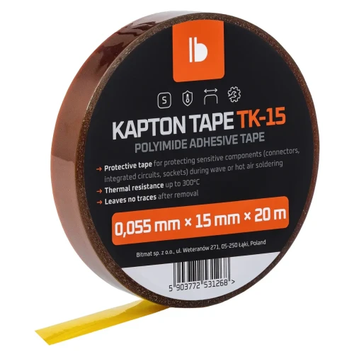Kartonowe pudełko z taśmą kaptonową TK-15 o szerokości 15 mm z widoczną etykietą.