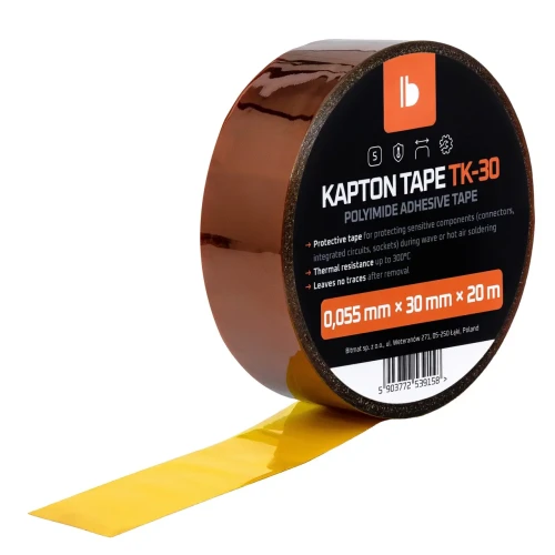 Zbliżenie na etykietę odwijanej taśmy kaptonowej TK-30 o szerokości 30 mm.