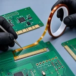 Aplikacja taśmy kaptonowej izolacyjnej na złącza płytki drukowanej PCB podczas naprawy.