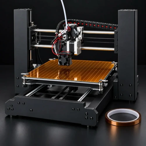 Czarna drukarka 3D z nałożoną na stół roboczy poliamidową taśmą TK zapobiegającą przywieraniu.