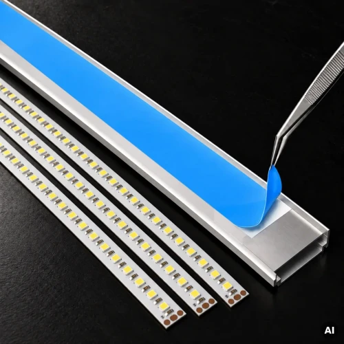 Aplikacja niebieskiej taśmy termoprzewodzącej TPC-20 wewnątrz aluminiowego profilu do taśm LED.