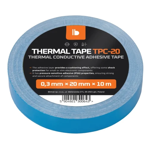 Oryginalna etykieta produktowa dwustronnej taśmy termoprzewodzącej TPC-20 widoczna od góry.