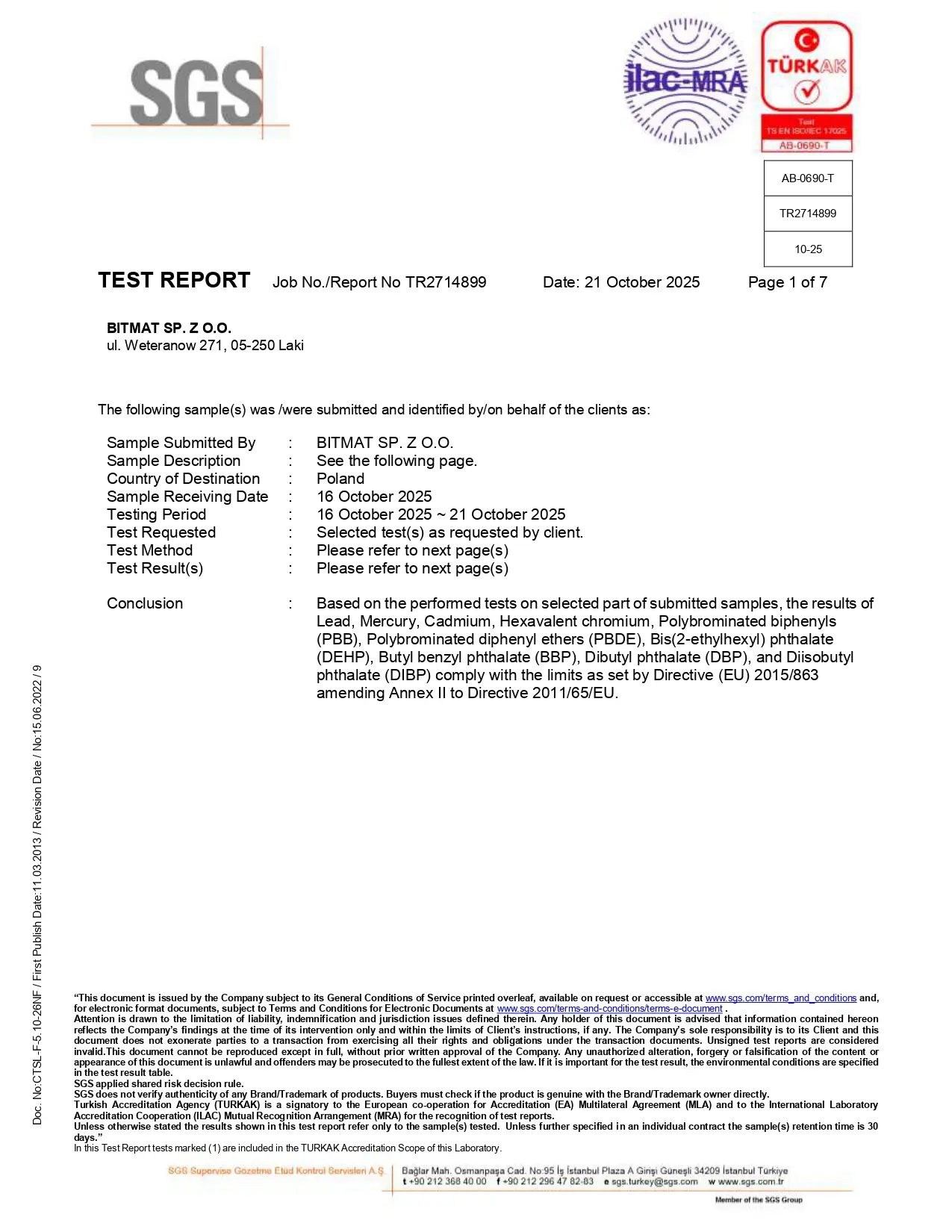 Raport RoHS nr 2714899 maty butylowej Bitmat AB – strona 1/7