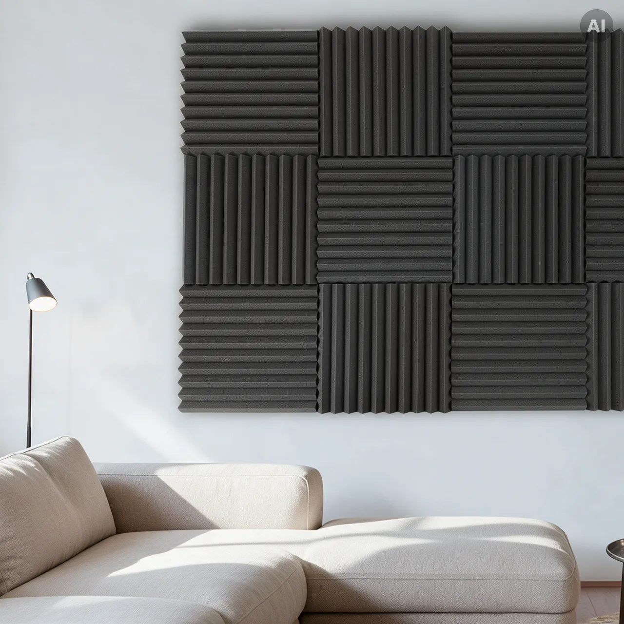 pianka akustyczna w salonie 50x50 szara klin