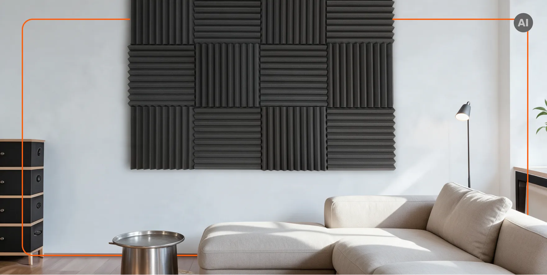 Szare panele akustyczne Klin Bitmat 50x50 cm na ścianie w pokoju